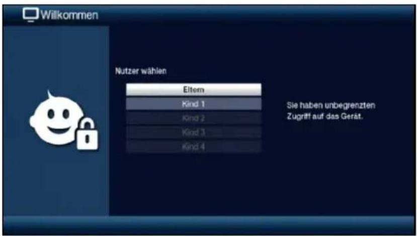 Willkommen Nutzer wählen Eltem Kind 1 Kind 2 Kind 3 Kind 4 Sie haben unbegrenzten Zugriff auf das Gerät.