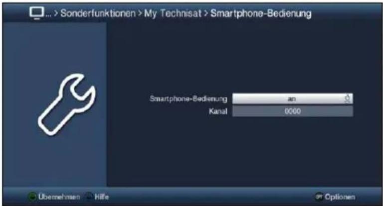 Sonderfunktionen > My Technisat > Smartphone-Bedienung Smartphone-Bedienung an Kanal 0000 Übernehmen Hilfe Optionen
