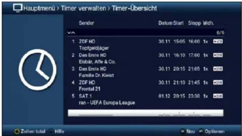 Hauptmenü > Timer verwalten > Timer-Übersicht Sender Datum Start Stopp WdH. VA 6/6 1 ZDF HD 30.11 15:05 16:00 1x Topfgeldjäger 2 Das Erste HD 30.11 16:10 17:00 1x Elsbär, Afte & Co. 3 Das Erste HD 30.11 20:15 21:05 1x Familie Dr. Kleist 4 ZDF HD 30.11 21:10 21:45 1x Frontal 21 5 SAT.1 01.12 20:15 23:30 1x ran - UEFA Europa League Zeiten total Hilfe Nou Optionen