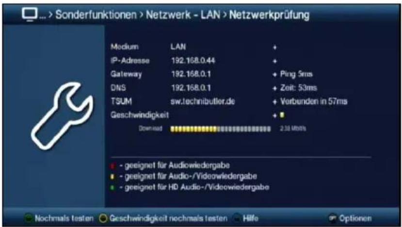 Sonderfunktionen > Netzwerk - LAN > Netzwerkprüfung Medium LAN + IP-Adresse 192.168.0.44 + Gateway 192.168.0.1 + Ping 5ms DNS 192.168.0.1 + Zeit: 53ms TSUM sw.technibutler.de + Verbunden in 57ms Geschwindigkeit + Download 2.36 Mbbls • geeignet für Audiowiedergabe • geeignet für Audio-/Videoowiedergabe • geeignet für HD Audio-/Videoowiedergabe Nochmals testen Geschwindigkeit nochmals testen Hilfe Optionen