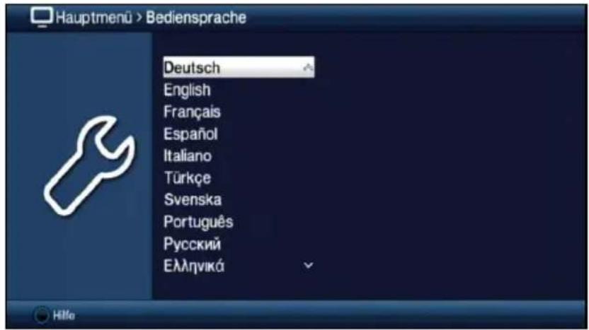 Hauptmenü > Bediensprache Deutsch English Français Español Italiano Türkçe Svenska Português Русский Еллгнікá Hille
