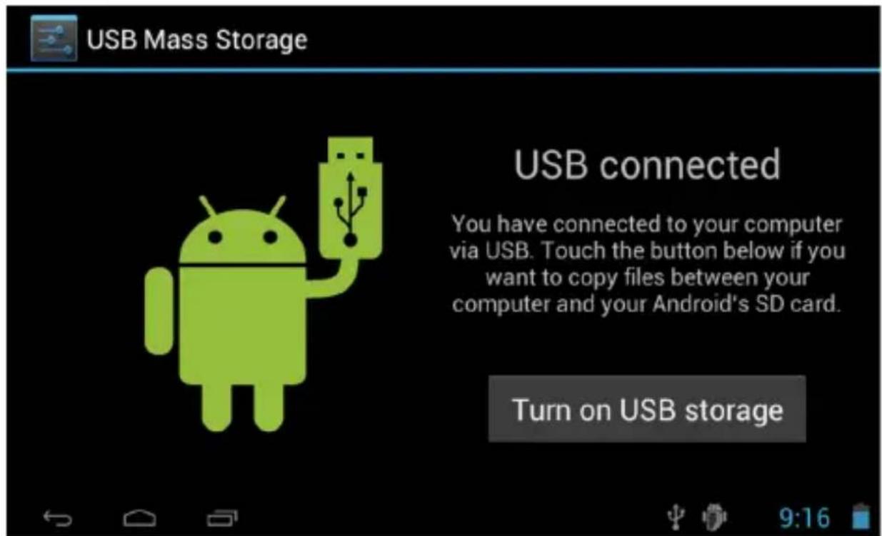 USB Mass Storage USB connected You have connected to your computer via USB. Touch the button below if you want to copy files between your computer and your Android's SD card. Turn on USB storage