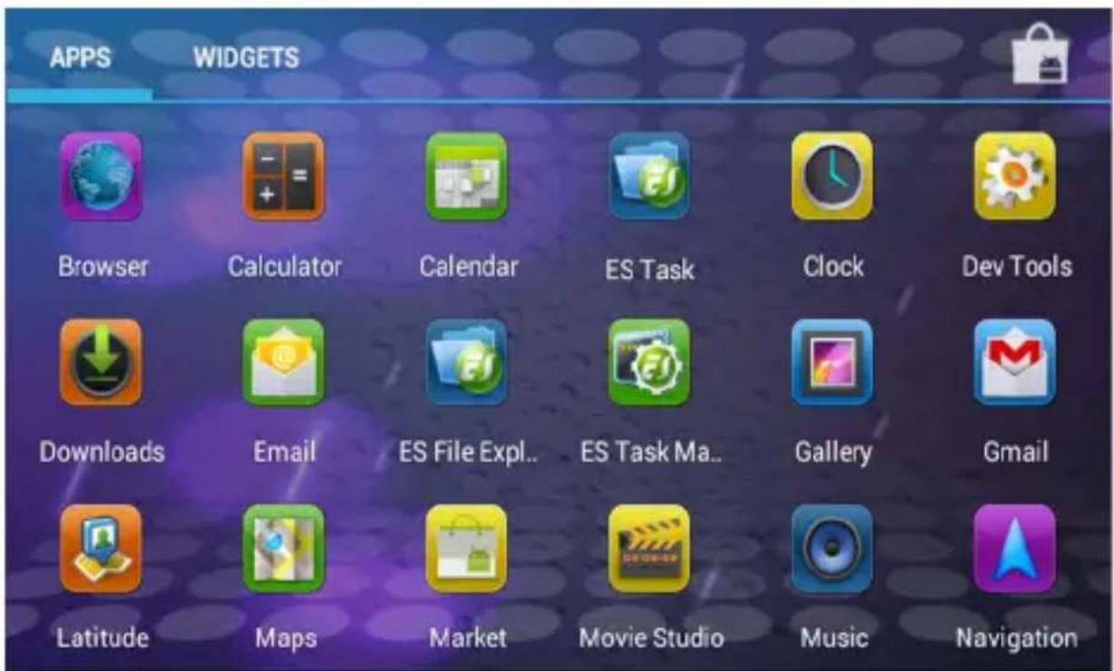 APPS WIDGETS Browser Calculator Calendar ES Task Clock Dev Tools Downloads Email ES File Expl.. ES Task Ma.. Gallery Gmail Latitude Maps Market Movie Studio Music Navigation