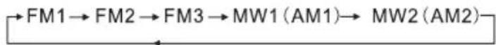graph LR A["→FM1"] --> B["→FM2"] --> C["→FM3"] --> D["MW1 (AM1)"] --> E["MW2 (AM2)"]