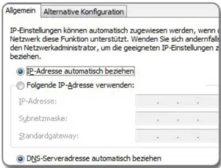 Allgemein Alternative Konfiguration IP-Einstellungen können automatisch zugewiesen werden, wenn o Netzwerk diese Funktion unterstützt. Wenden Sie sich andernfalls den Netzwerkadministrator, um die geeigneten IP-Einstellungen zu beziehen. IP-Adresse automatisch beziehen Folgende IP-Adresse verwenden: IP-Adresse: . . . Subnetzmaske: . . . Standardgateway: . . . DNS-Serveradresse automatisch beziehen