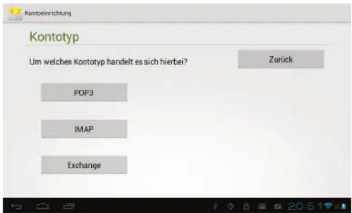 Kontotyp Um welchen Kontotyp handelt es sich hierbei? Zurück POP3 IMAP Exchange