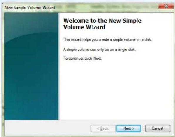 New Simple Volume Wizard Welcome to the New Simple Volume Wizard This wizard helps you create a simple volume on a disk. A simple volume can only be on a single disk. To continue, click Next.
