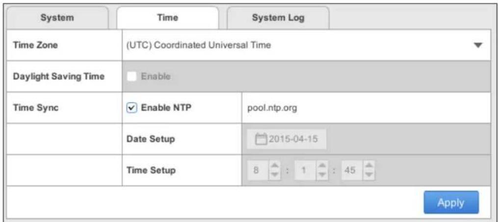 System Time System Log Time Zone (UTC) Coordinated Universal Time Daylight Saving Time Enable Time Sync Enable NTP pool.ntp.org Date Setup 2015-04-15 Time Setup 8 : 1 : 45 Apply
