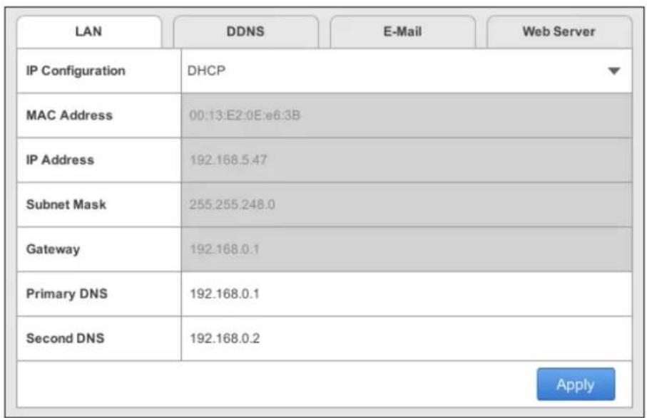 LAN DDNS E-Mail Web Server IP Configuration DHCP MAC Address 00:13:E2:0E:e6:3B IP Address 192.168.5.47 Subnet Mask 255.255.248.0 Gateway 192.168.0.1 Primary DNS 192.168.0.1 Second DNS 192.168.0.2 Apply