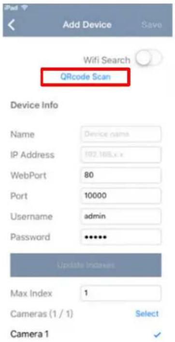 Add Device Save Wifi Search QRcode Scan Device Info Name Device name IP Address 192.165.x.x WebPort 80 Port 10000 Username admin Password ****** Update Indexes Max Index 1 Cameras (1 / 1) Select Camera 1 ✓
