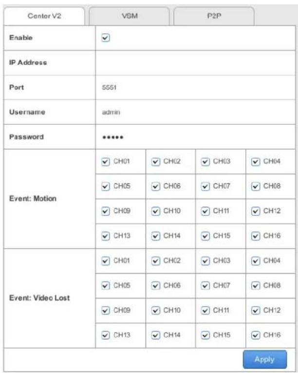 Center V2 VSM P2P Enable IP Address Port 5551 Username admin Password Event: Motion ✓ CH01 ✓ CH02 ✓ CH03 ✓ CH04 ✓ CH05 ✓ CH06 ✓ CH07 ✓ CH08 ✓ CH09 ✓ CH10 ✓ CH11 ✓ CH12 ✓ CH13 ✓ CH14 ✓ CH15 ✓ CH16 Event: Video Lost ✓ CH01 ✓ CH02 ✓ CH03 ✓ CH04 ✓ CH05 ✓ CH06 ✓ CH07 ✓ CH08 ✓ CH09 ✓ CH10 ✓ CH11 ✓ CH12 ✓ CH13 ✓ CH14 ✓ CH15 ✓ CH16 Apply