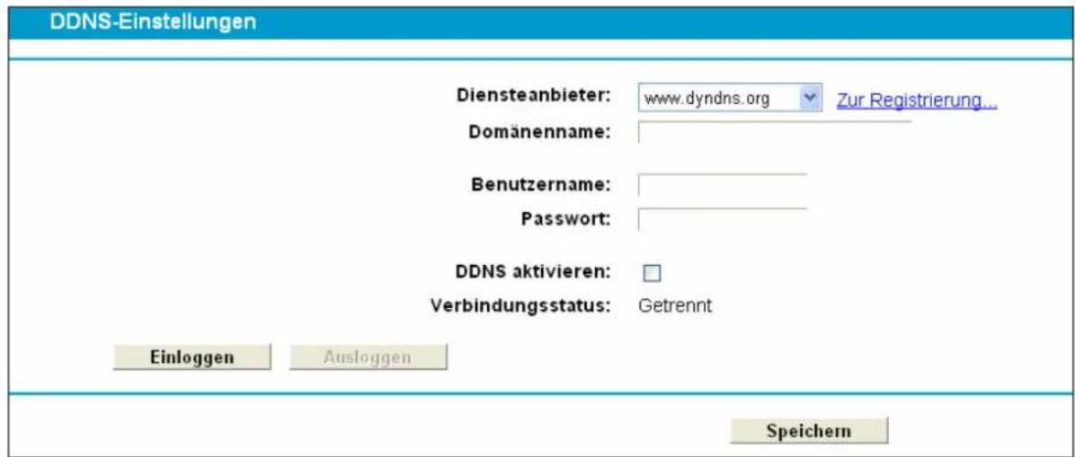 DDNS-Einstellungen Diensteanbieter: www.dyndns.org Zur Registrierung... Domänenname: Benutzername: Passwort: DDNS aktivieren: Verbindungsstatus: Getrennt Einloggen Ausloggen Speichern
