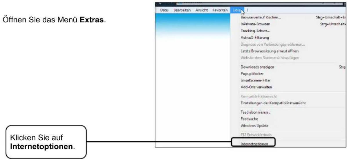 Öffnen Sie das Menü Extras. Klicken Sie auf Internetoptionen.