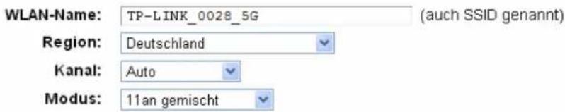 WLAN-Name: TP-LINK_0028_5G (auch SSID genannt) Region: Deutschland Kanal: Auto Modus: 11an gemischt
