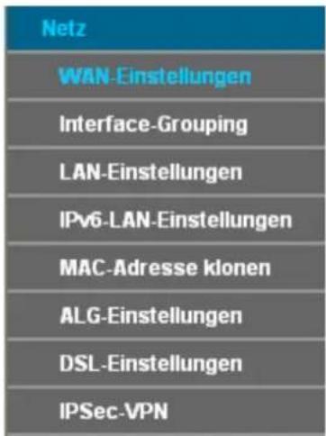 Netz WAN-Einstellungen Interface-Grouping LAN-Einstellungen IPv6-LAN-Einstellungen MAC-Adresse klonen ALG-Einstellungen DSL-Einstellungen IPSec-VPN