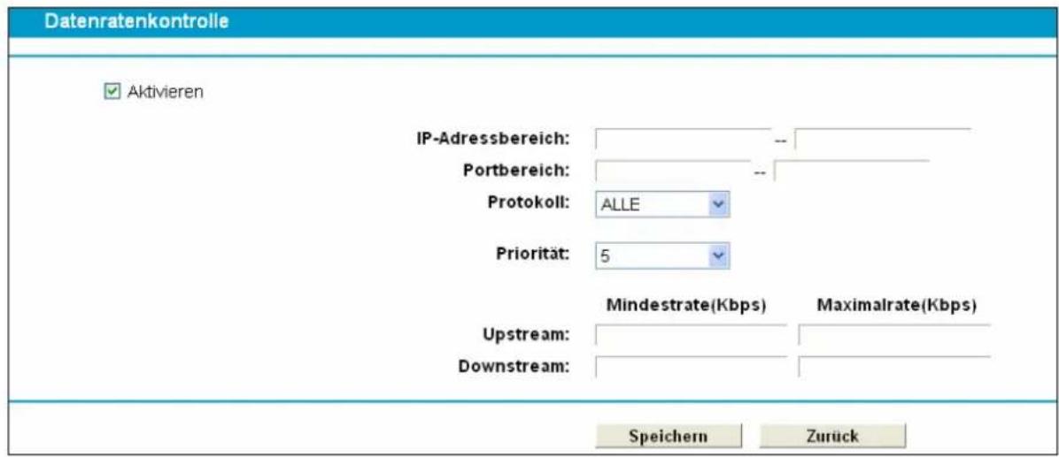 Datenratenkontrolle ✓ Aktivieren IP-Adressbereich: -- Portbereich: -- Protokoll: ALLE Priorität: 5 Mindestrate(Kbps) Maximalrate(Kbps) Upstream: -- Downstream: . Speichern Zurück