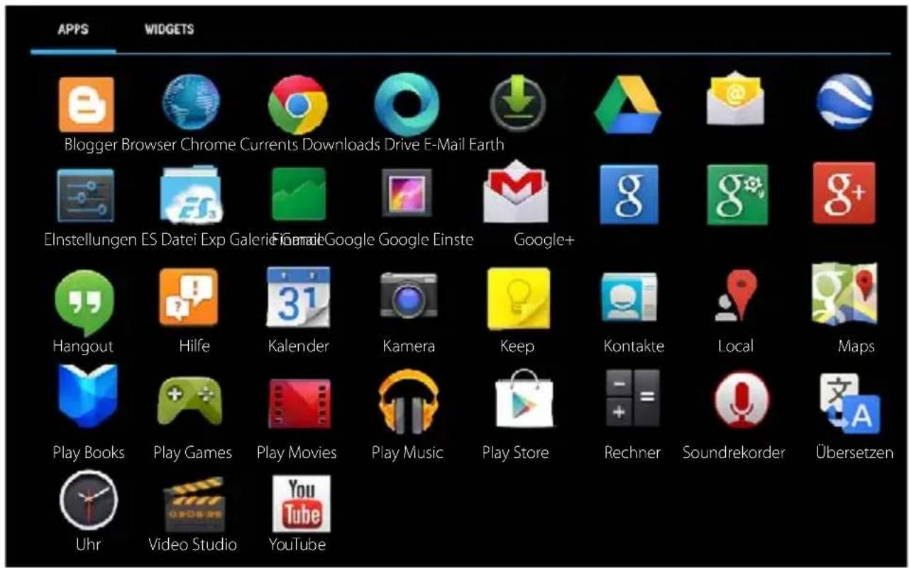 APPS WIDGETS Blogger Browser Chrome Currents Downloads Drive E-Mail Earth Einstellungen ES Datei Exp Galerie i Game Google Google Einste Google+ Hangout Hilfe Kalender Kamera Keep Kontakte Local Maps Play Books Play Games Play Movies Play Music Play Store Rechner Soundrekorder Übersetzen Uhr Video Studio YouTube