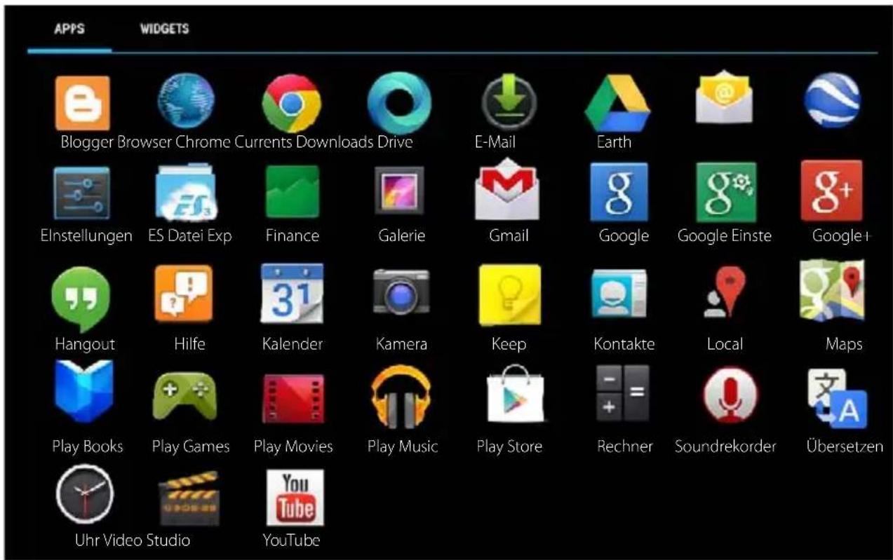 APPS WIDGETS Blogger Browser Chrome Currents Downloads Drive E-Mail Earth Einstellungen ES Datei Exp Finance Galerie Gmail Google Google Einste Google+ Hangout Hilfe Kalender Kamera Keep Kontakte Local Maps Play Books Play Games Play Movies Play Music Play Store Rechner Soundrekorder Übersetzen Uhr Video Studio YouTube