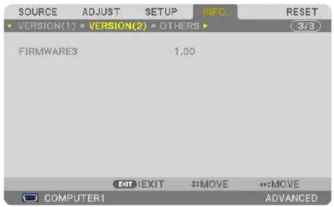 SOURCE ADJUST SETUP INFO RESET VERSION(1) VERSION(2) OTHERS 3/3 FIRMWARE3 1.00 EXIT:EXIT #:MOVE #:MOVE COMPUTER1 ADVANCED