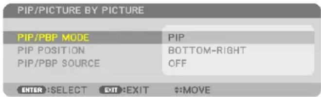 PIP/PICTURE BY PICTURE PIP/PBP MODE PIP PIP POSITION BOTTOM-RIGHT PIP/PBP SOURCE OFF ENTER:SELECT EXIT:EXIT →MOVE