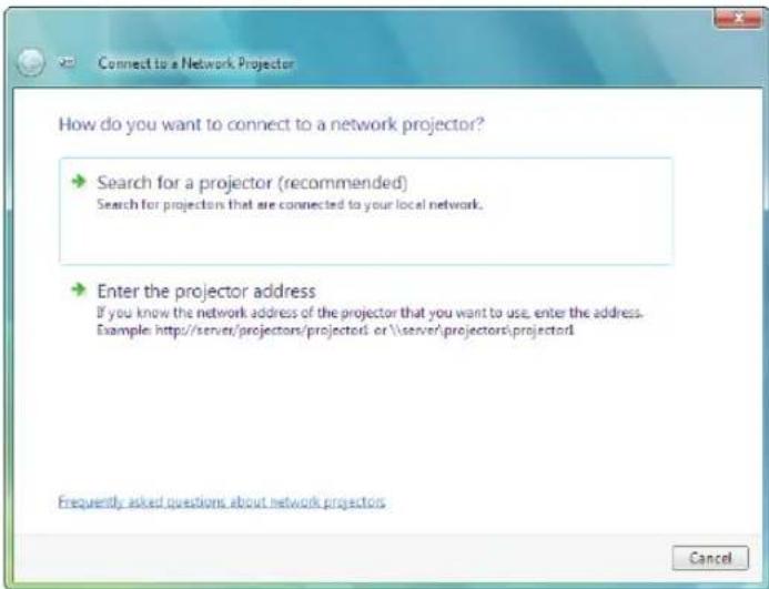 How do you want to connect to a network projector? Search for a projector (recommended) Search for projections that are connected to your local network. Enter the projector address If you know the network address of the projector that you want to use, enter the address. Example: http://server/projectors/projectors/ or \server/projectors\projector Frequently asked questions about network projectors Cancel