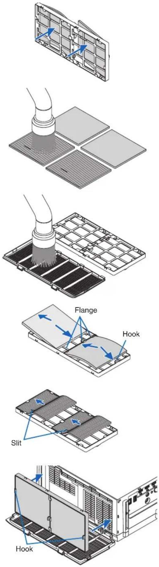 Technical diagram illustrating the installation steps of a solar panel, including blade damage, flange, and hook assembly.