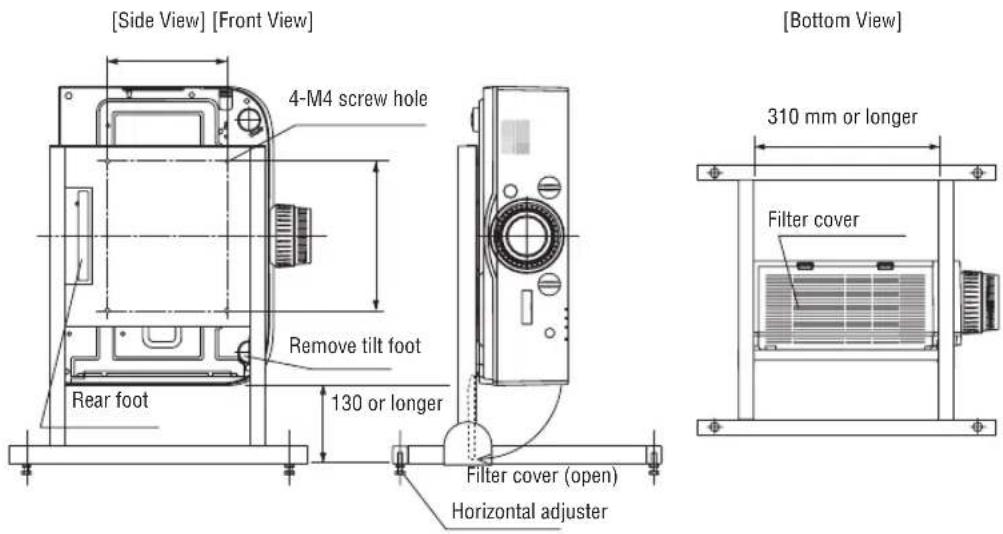 [Side View] [Front View] 4-M4 screw hole Remove tilt foot Rear foot 130 or longer Filter cover (open) Horizontal adjuster [Bottom View] 310 mm or longer Filter cover