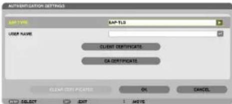 AUTHORIZATION SETTINGS AAP TYPE AAP-TLS USER NAME CLIENT CERTIFICATE CA CERTIFICATE CLEAR CERTIFICATE OK CANCEL SELECT EDIT MOVE