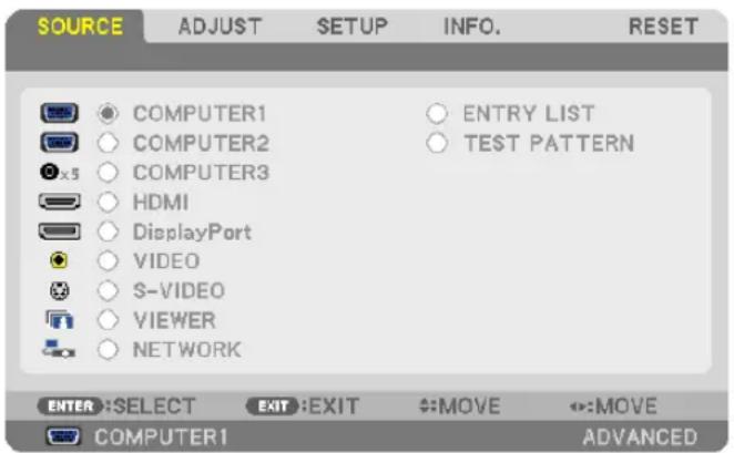 SOURCE ADJUST SETUP INFO. RESET COMPUTER1 COMPUTER2 COMPUTER3 HDMI DisplayPort VIDEO S-VIDEO VIEWER NETWORK ENTRY LIST TEST PATTERN ENTER :SELECT EXIT :EXIT MOVE MOVE COMPUTER1 ADVANCED