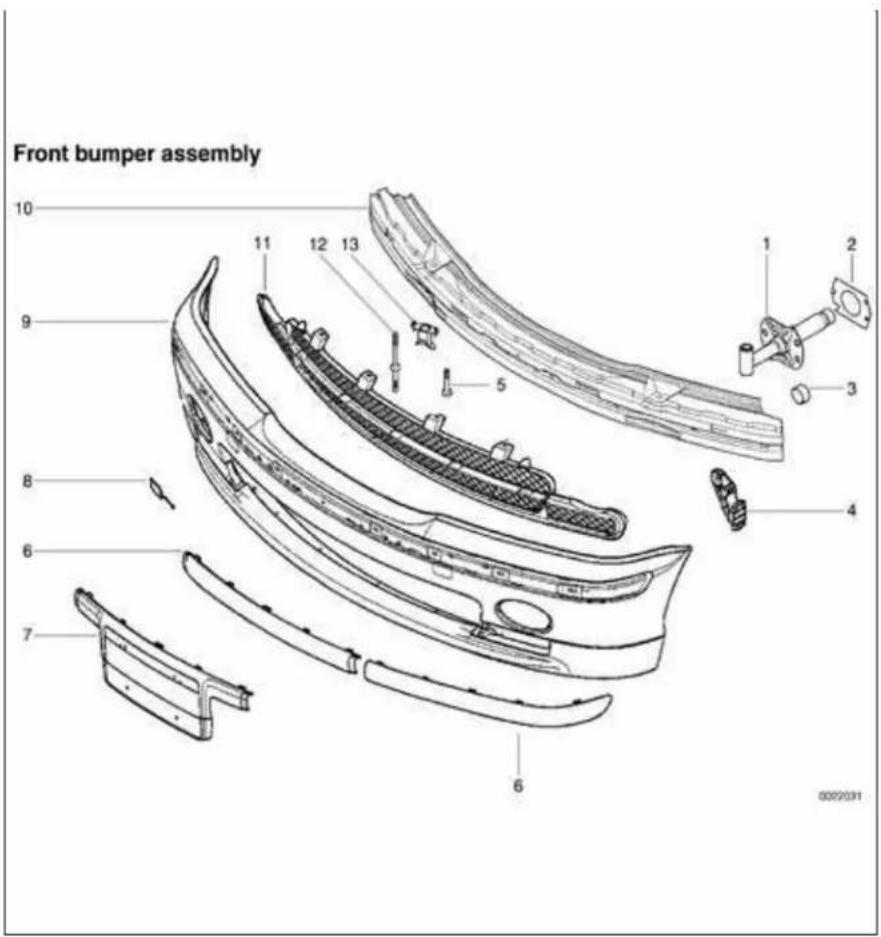 Front bumper assembly with numbered parts: 1, 2, 3, 4, 5, 6, 7, 8, 9, 10, 11, 12, 13, and reference number 000031.