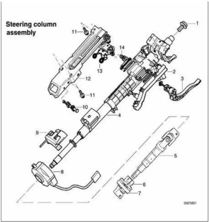 Steering column assembly, numbered 1 to 14, with 11 repeated