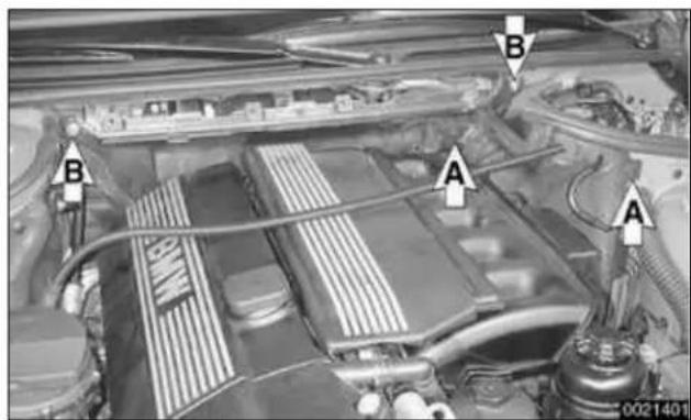 Technical diagram of an automotive engine bay with labeled components A and B, showing structural elements and wiring.