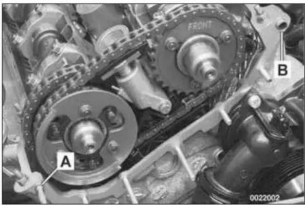 Close-up mechanical assembly showing gears and components labeled A and B (no readable text or symbols beyond labels)