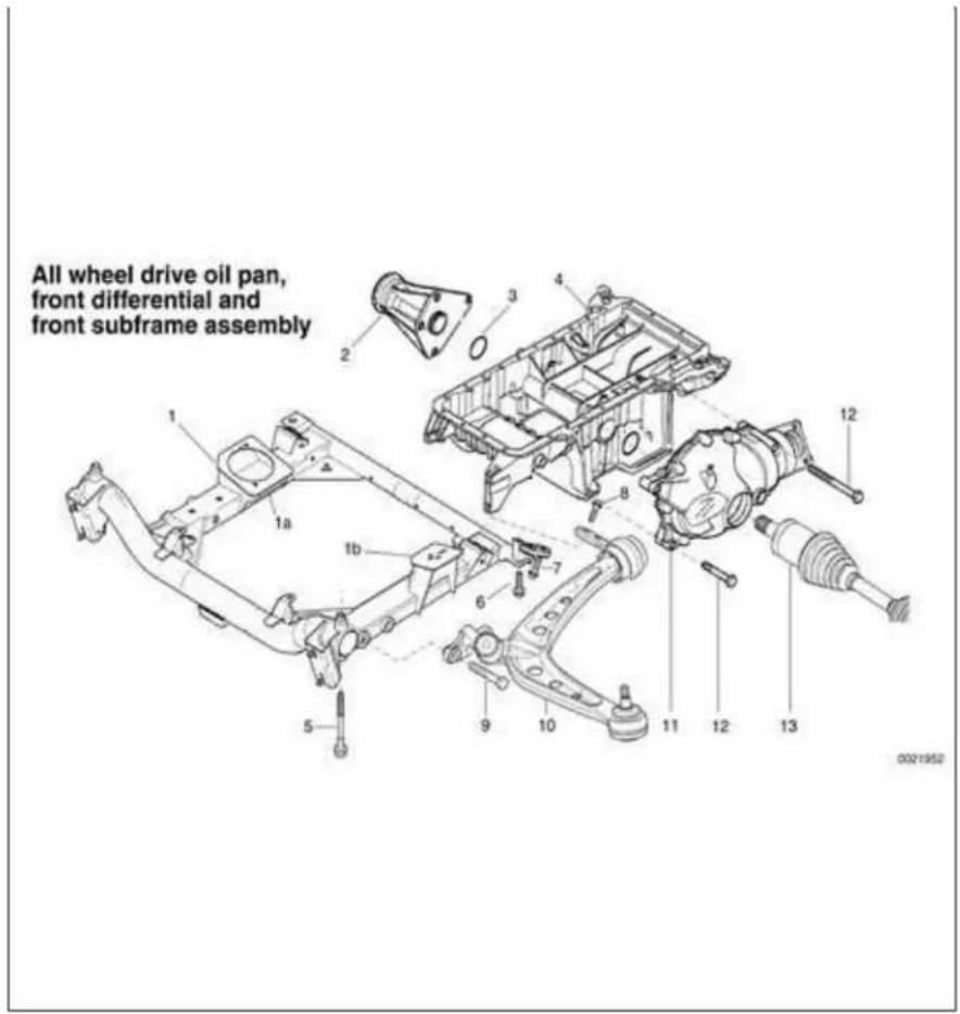 All wheel drive oil pan, front differential and front subframe assembly