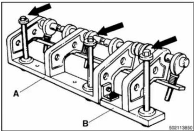 Mechanical assembly diagram showing interconnected components with labeled parts A and B (no text or symbols beyond labels).