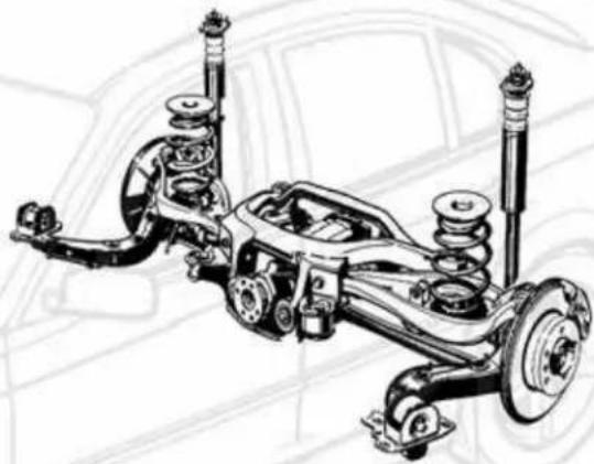 Technical line drawing of a vehicle suspension system with car chassis and suspension components. No text or labels.