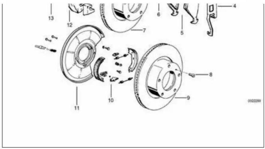 Exploded view diagram of a brake caliper assembly with numbered parts for identification