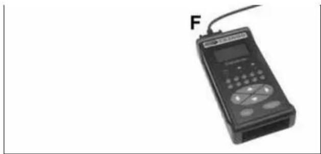 Black electronic device with control panel and display, labeled 'F' (no visible text or symbols on device body)