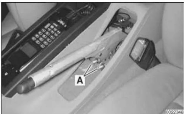 Interior view of a vehicle cab with a handheld device and a component labeled 'A'. No readable text or symbols beyond the label.