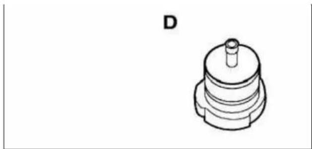 Technical line drawing of a mechanical component labeled 'D' (no text or symbols on the object itself)