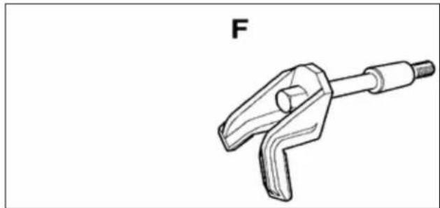 Line drawing of a mechanical clamp or tool with a labeled section 'F' (no text or symbols on the diagram itself).