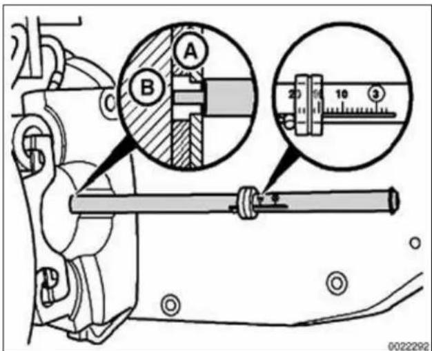 Technical diagram showing mechanical assembly with labeled parts A and B, including a magnified view of a measurement scale.