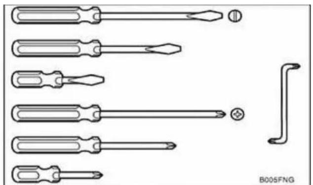 Technical line drawing of screwdrivers and a bracket component (no text or symbols)