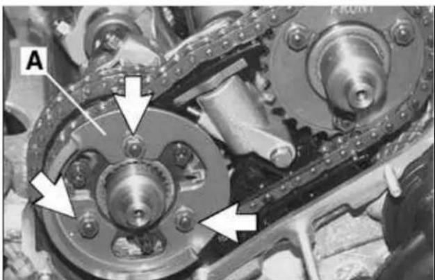 Mechanical gear assembly with labeled component A, showing interlocking gears and mounting holes (no text or symbols beyond labels)