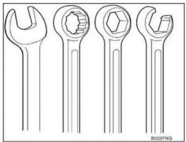 Line drawings of four different wrenches with different end caps and handles (no text or symbols)