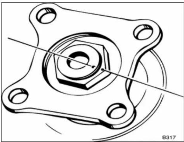 Technical drawing of a mechanical component with bolt holes and a hexagonal nut (no text or symbols)
