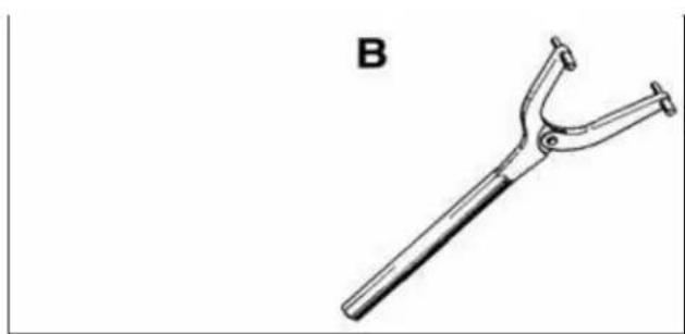 Line drawing of a manual tool with a curved handle and lever, labeled 'B' (no text or symbols on the tool itself)