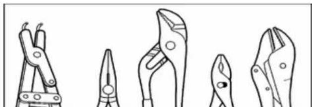 Line drawings of five different pliers in various angles (no text or symbols)