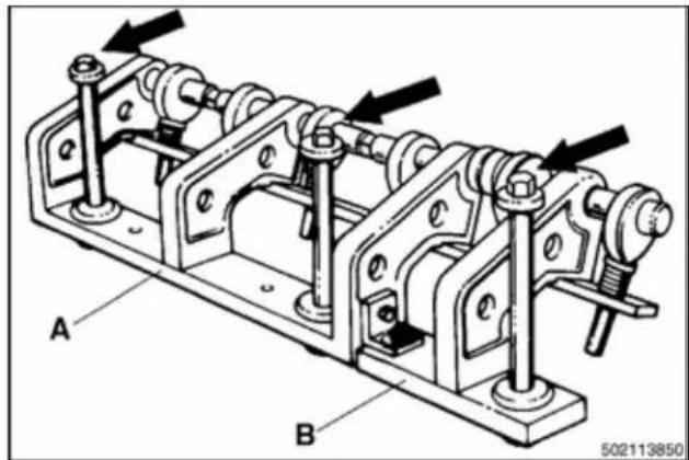 Mechanical assembly diagram showing interconnected components with labeled parts A and B (no text or symbols beyond labels)