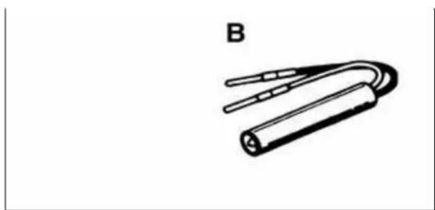 Simple line drawing of a cylindrical electronic component labeled B (no text or symbols on the object itself)